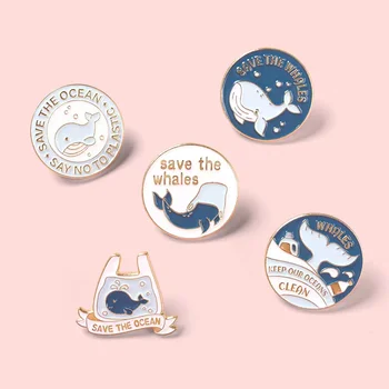 Брошка Пин Club | cartoony кит, метални значки с животни, спаси нашите морето, защита на околната среда, спри пластмаса! Копчета във формата на шапка